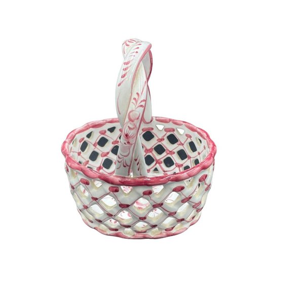 Ceramic Woven Egg Basket Portugal Hand Painted Braided Handle Pink White 7” - Picture 3 of 8